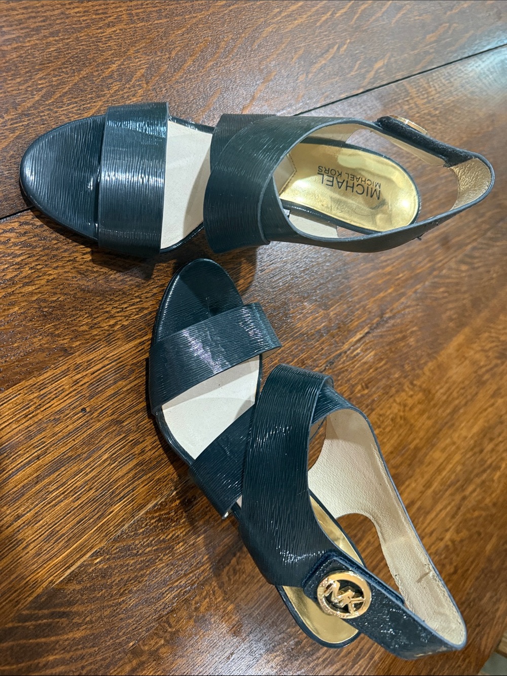 Michael Kors Black Patent Slingback Sandals with Gold Logo
